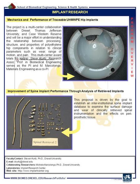 School of Biomedical Engineering, Science & Health Systems WWW.BIOMED.DREXEL.EDU/ResearchPortfolio/ V 1.0 SD [020329] IMPLANT RESEARCH Mechanics and Performance.