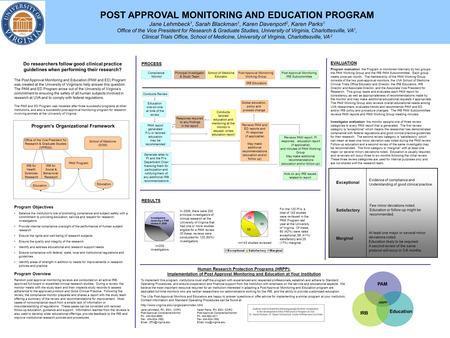 POST APPROVAL MONITORING AND EDUCATION PROGRAM Jane Lehmbeck 1, Sarah Blackman 1, Karen Davenport 2, Karen Parks 1 Office of the Vice President for Research.