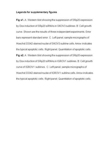 Legends for supplementary figures Fig s1. A: Western blot showing the suppression of SRp20 expression by Dox induction of SRp20 siRNAs in SKOV3 sublines.