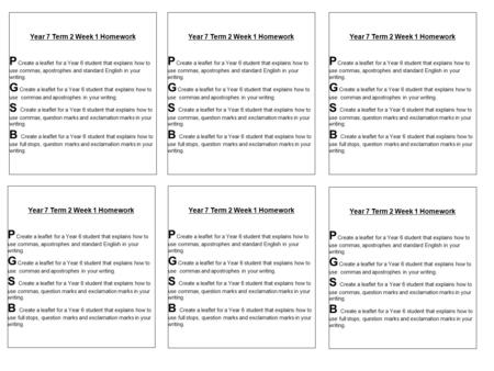 Year 7 Term 2 Week 1 Homework P Create a leaflet for a Year 6 student that explains how to use commas, apostrophes and standard English in your writing.