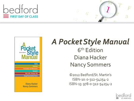 A Pocket Style Manual 6 th Edition Diana Hacker Nancy Sommers ©2012 Bedford/St. Martin’s ISBN-10: 0-312-54254-2 ISBN-13: 978-0-312-54254-2.