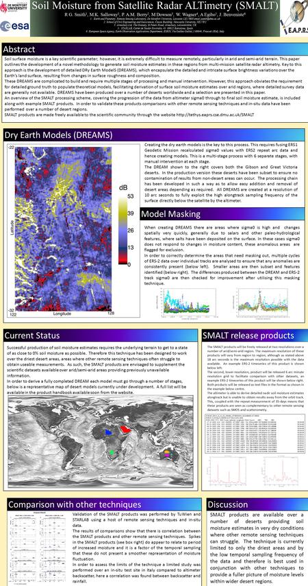 Comparison with those produced SMALT release products Dry Earth Models (DREAMS) Soil Moisture from Satellite Radar ALTimetry (SMALT) R G. Smith 1, M.K.