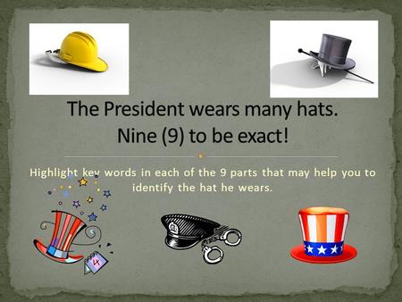 Highlight key words in each of the 9 parts that may help you to identify the hat he wears.