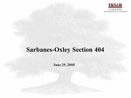 1 Sarbanes-Oxley Section 404 June 29, 2005. 2  SOX 404 Background 3  SOX 404 Goals 4  SOX 404 Requirements 5  SOX 404 Assertions 6  SOX 404 Compliance.