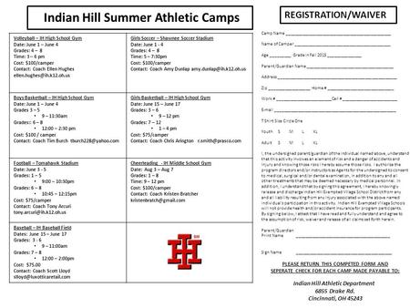 Indian Hill Summer Athletic Camps REGISTRATION/WAIVER Camp Name ______________________________________________ Name of Camper __________________________________________.