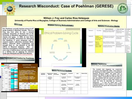 Research Misconduct: Case of Poehlman (GERESE) William J. Frey and Carlos Ríos-Velázquez University of Puerto Rico at Mayagüez, College of Business Administration.