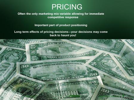 BUAD 307 PRICING Lars Perner, Instructor 1 PRICING Often the only marketing mix variable allowing for immediate competitive response Important part of.