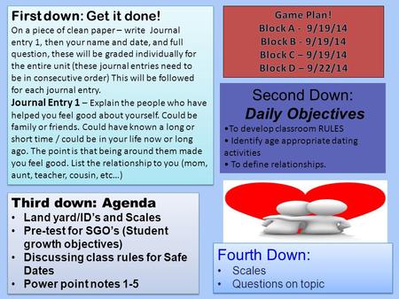 First down: Get it done! On a piece of clean paper – write Journal entry 1, then your name and date, and full question, these will be graded individually.