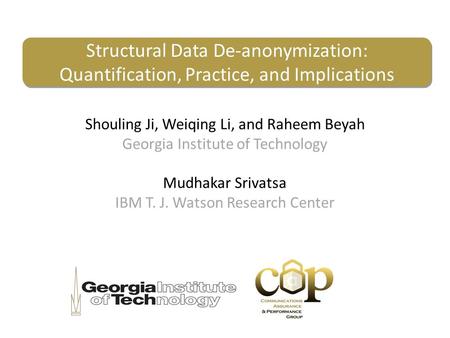 Structural Data De-anonymization: Quantification, Practice, and Implications Shouling Ji, Weiqing Li, and Raheem Beyah Georgia Institute of Technology.