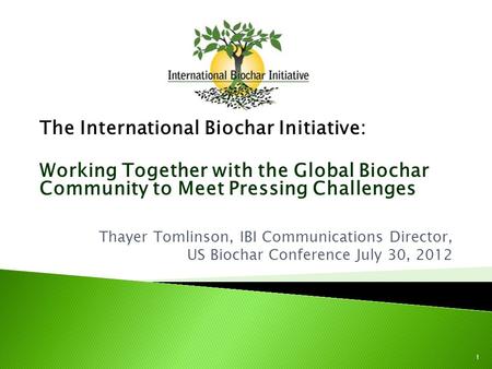 The International Biochar Initiative: Working Together with the Global Biochar Community to Meet Pressing Challenges Thayer Tomlinson, IBI Communications.