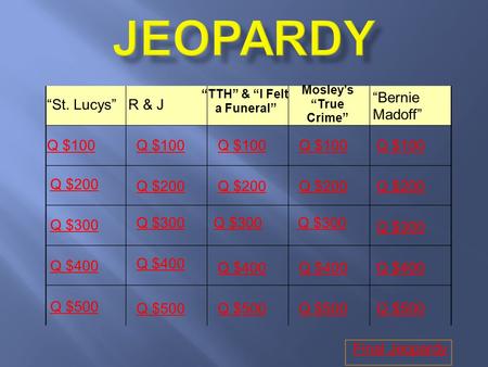 “St. Lucys”R & J “TTH” & “I Felt a Funeral” Mosley’s “True Crime” “Bernie Madoff” Q $100 Q $200 Q $300 Q $400 Q $500 Q $100 Q $200 Q $300 Q $400 Q $500.