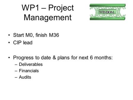 WP1 – Project Management Start M0, finish M36 CIP lead Progress to date & plans for next 6 months: –Deliverables –Financials –Audits.