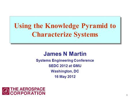 1 Using the Knowledge Pyramid to Characterize Systems James N Martin Systems Engineering Conference SEDC 2012 at GMU Washington, DC 16 May 2012.