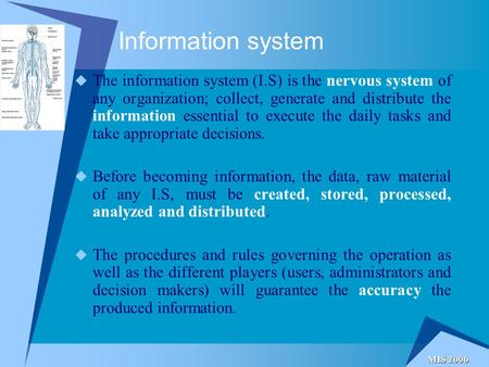 MIS 2006 Information system  The information system (I.S) is the nervous system of any organization; collect, generate and distribute the information.