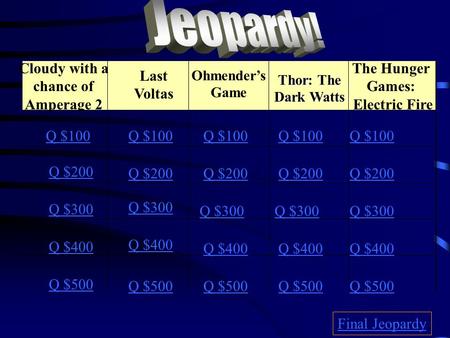 Q $100 Q $200 Q $300 Q $400 Q $500 Q $100 Q $200 Q $300 Q $400 Q $500 Final Jeopardy Ohmender’s Game Thor: The Dark Watts The Hunger Games: Electric Fire.