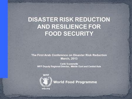 DISASTER RISK REDUCTION AND RESILIENCE FOR FOOD SECURITY The First Arab Conference on Disaster Risk Reduction March, 2013 Carlo Scaramella WFP Deputy Regional.