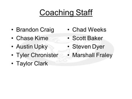 Coaching Staff Brandon Craig Chase Kime Austin Upky Tyler Chronister Taylor Clark Chad Weeks Scott Baker Steven Dyer Marshall Fraley.