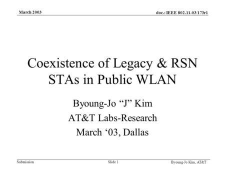 Doc.: IEEE 802.11-03/173r1 Submission Byoung-Jo Kim, AT&T March 2003 Slide 1 Coexistence of Legacy & RSN STAs in Public WLAN Byoung-Jo “J” Kim AT&T Labs-Research.