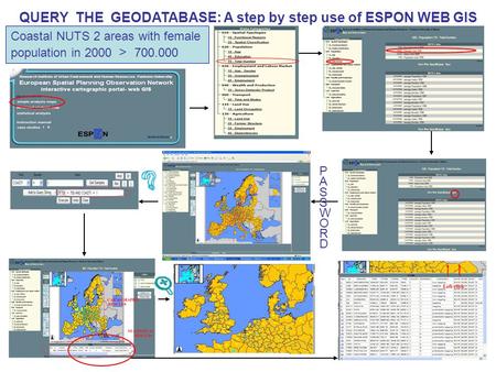 PASSWORDPASSWORD QUERY THE GEODATABASE: A step by step use of ESPON WEB GIS Coastal NUTS 2 areas with female population in 2000 > 700.000.