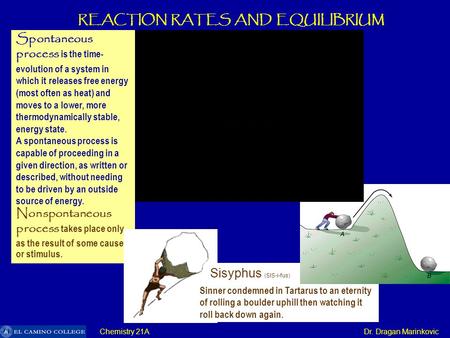 REACTION RATES AND EQUILIBRIUM Spontaneous process is the time- evolution of a system in which it releases free energy (most often as heat) and moves to.