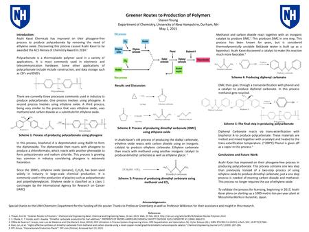 Greener Routes to Production of Polymers Steven Young Department of Chemistry, University of New Hampshire, Durham, NH May 1, 2015 Introduction: Asahi.