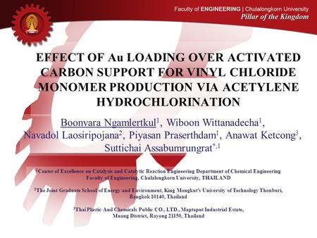 EFFECT OF Au LOADING OVER ACTIVATED CARBON SUPPORT FOR VINYL CHLORIDE MONOMER PRODUCTION VIA ACETYLENE HYDROCHLORINATION 1 Center of Excellence on Catalysis.