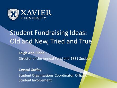 Student Fundraising Ideas: Old and New, Tried and True Leigh Ann Fibbe Director of the Annual Fund and 1831 Society Crystal Guffey Student Organizations.