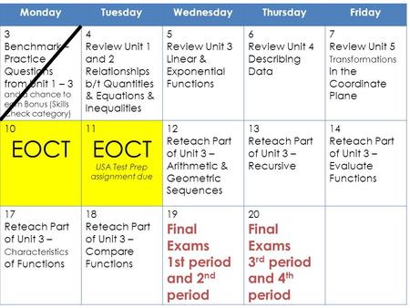 MondayTuesdayWednesdayThursdayFriday 3 Benchmark – Practice Questions from Unit 1 – 3 and a chance to earn Bonus (Skills Check category) 4 Review Unit.