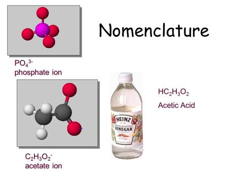 Nomenclature PO43- phosphate ion HC2H3O2 Acetic Acid C2H3O2-