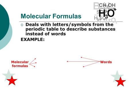  Deals with letters/symbols from the periodic table to describe substances instead of words EXAMPLE: CO 2 = carbon dioxide O 2 = oxygen NaCl = sodium.