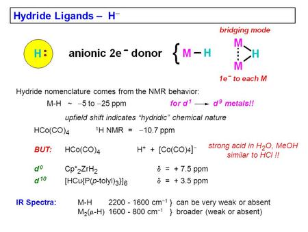 Hydride Ligands – H  Hydride nomenclature comes from the NMR behavior: M-H ~  5 to  25 ppmfor d 1 d 9 metals!! upfield shift indicates “hydridic” chemical.