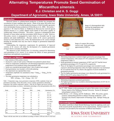 Alternating Temperatures Promote Seed Germination of Miscanthus sinensis. E.J. Christian and A. S. Goggi Department of Agronomy, Iowa State University,