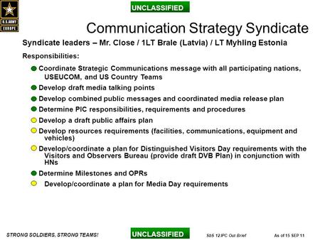 STRONG SOLDIERS, STRONG TEAMS! UNCLASSIFIED As of 15 SEP 11SbS 12 IPC Out Brief UNCLASSIFIED 1 Syndicate leaders – Mr. Close / 1LT Brale (Latvia) / LT.