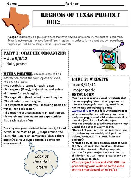 Regions of Texas project Due: __________________ Name _____________________Partner ____________________ A region is defined as a group of places that have.