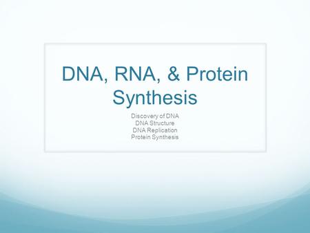 DNA, RNA, & Protein Synthesis Discovery of DNA DNA Structure DNA Replication Protein Synthesis.