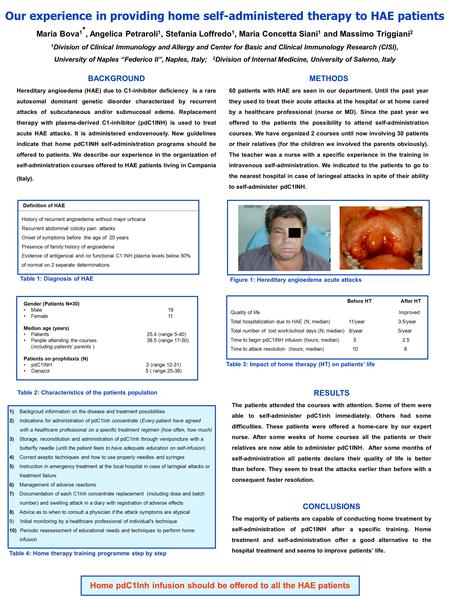 Our experience in providing home self-administered therapy to HAE patients Maria Bova 1 *, Angelica Petraroli 1, Stefania Loffredo 1, Maria Concetta Siani.