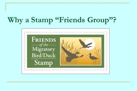 Why a Stamp “Friends Group”?. The Friends of the Migratory Bird/Duck Stamp is an independent, nonprofit organization dedicated to the promotion, preservation,