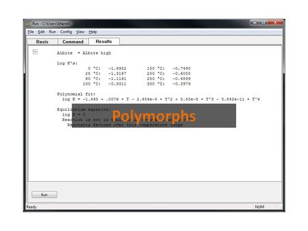 Polymorphs. Config → Show… “Albite high” and “Albite low” are two polymorphs of Albite. Begin typing the species’ name to find it faster. Choose the type.