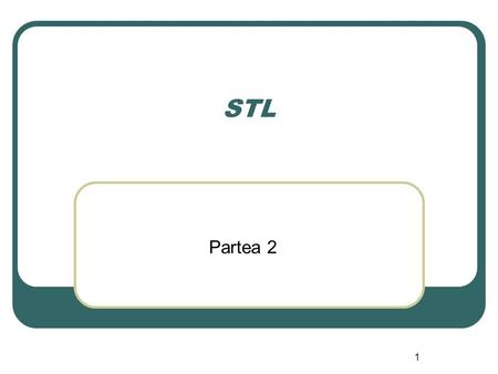 1 STL Partea 2. D. Lucanu STL – Partea 2 2 Cuprins STL C++ containere standard algoritmi clasificare exemple: liste tablouri asociative agenda telefonica.