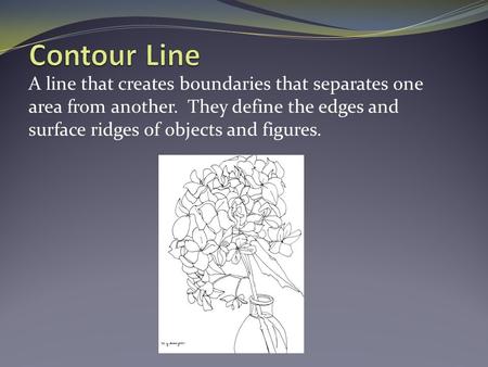 A line that creates boundaries that separates one area from another. They define the edges and surface ridges of objects and figures.