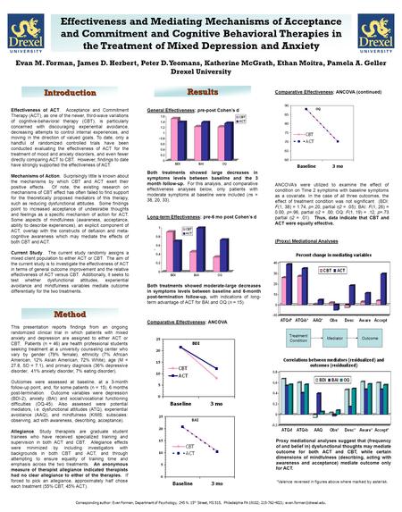 Effectiveness and Mediating Mechanisms of Acceptance and Commitment and Cognitive Behavioral Therapies in the Treatment of Mixed Depression and Anxiety.