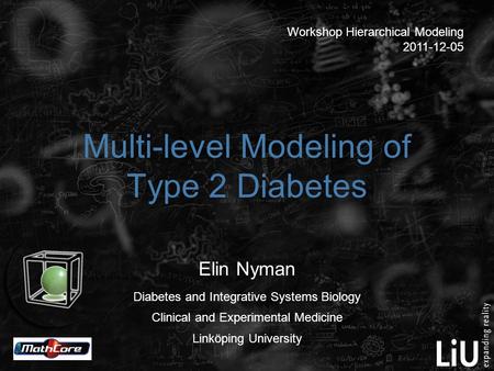 Multi-level Modeling of Type 2 Diabetes Elin Nyman Diabetes and Integrative Systems Biology Clinical and Experimental Medicine Linköping University Workshop.