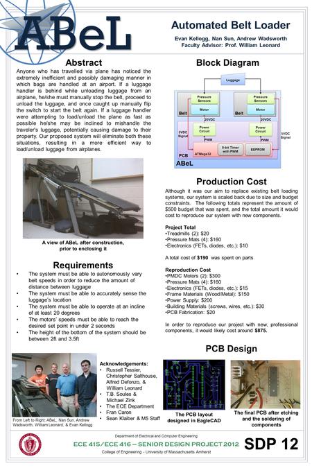 Automated Belt Loader Evan Kellogg, Nan Sun, Andrew Wadsworth Faculty Advisor: Prof. William Leonard Department of Electrical and Computer Engineering.