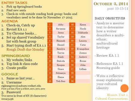 October 3, 2014 ENTRY TASKS psat AGENDA Check-in, Catch up