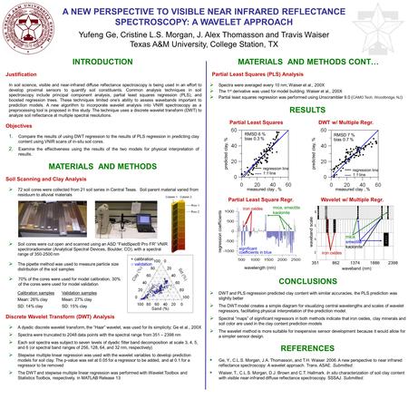 A NEW PERSPECTIVE TO VISIBLE NEAR INFRARED REFLECTANCE SPECTROSCOPY: A WAVELET APPROACH Yufeng Ge, Cristine L.S. Morgan, J. Alex Thomasson and Travis Waiser.