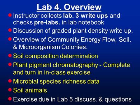 Lab 4. Overview  Instructor collects lab. 3 write ups and checks pre-labs. in lab notebook  Discussion of graded plant density write up.  Overview of.