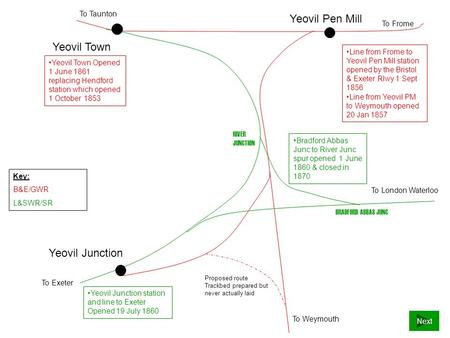 Yeovil Junction Yeovil Town Yeovil Pen Mill To Frome To Taunton To Exeter To Weymouth To London Waterloo Key: B&E/GWR L&SWR/SR Proposed route Trackbed.