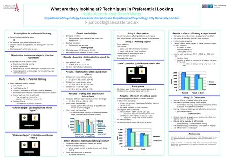 Results – effects of having a target named Comparing known & unknown targets (“name” condition) with known & unknown pictures (“look” condition) In other.