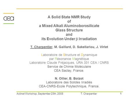 1 T. CharpentierActinet Workshop, September 23th, 2005 A Solid State NMR Study of a Mixed Alkali Aluminoborosilicate Glass Structure and its Evolution.