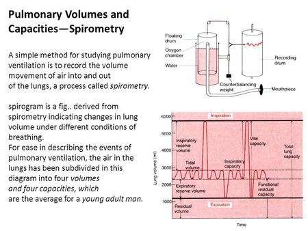 Pulmonary Volumes and Capacities—Spirometry A simple method for studying pulmonary ventilation is to record the volume movement of air into and out of.